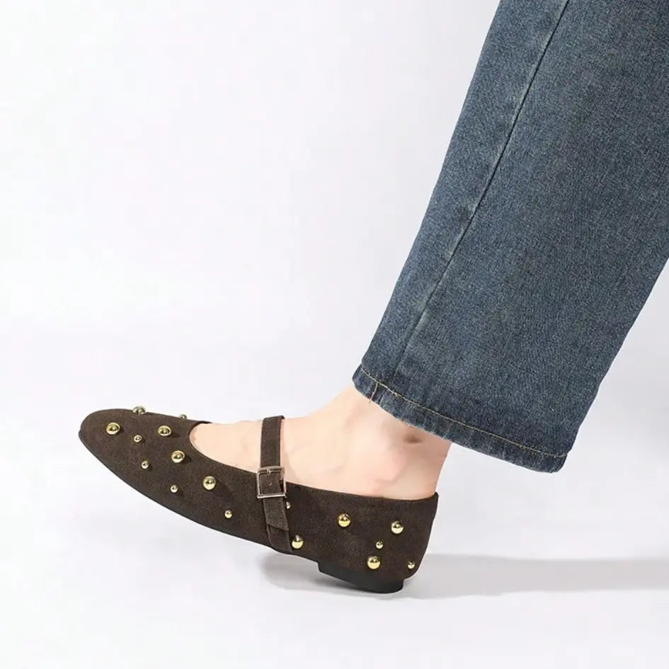 Lola Mary Jane Flats – Suede Studded Ballerina Shoes for Women