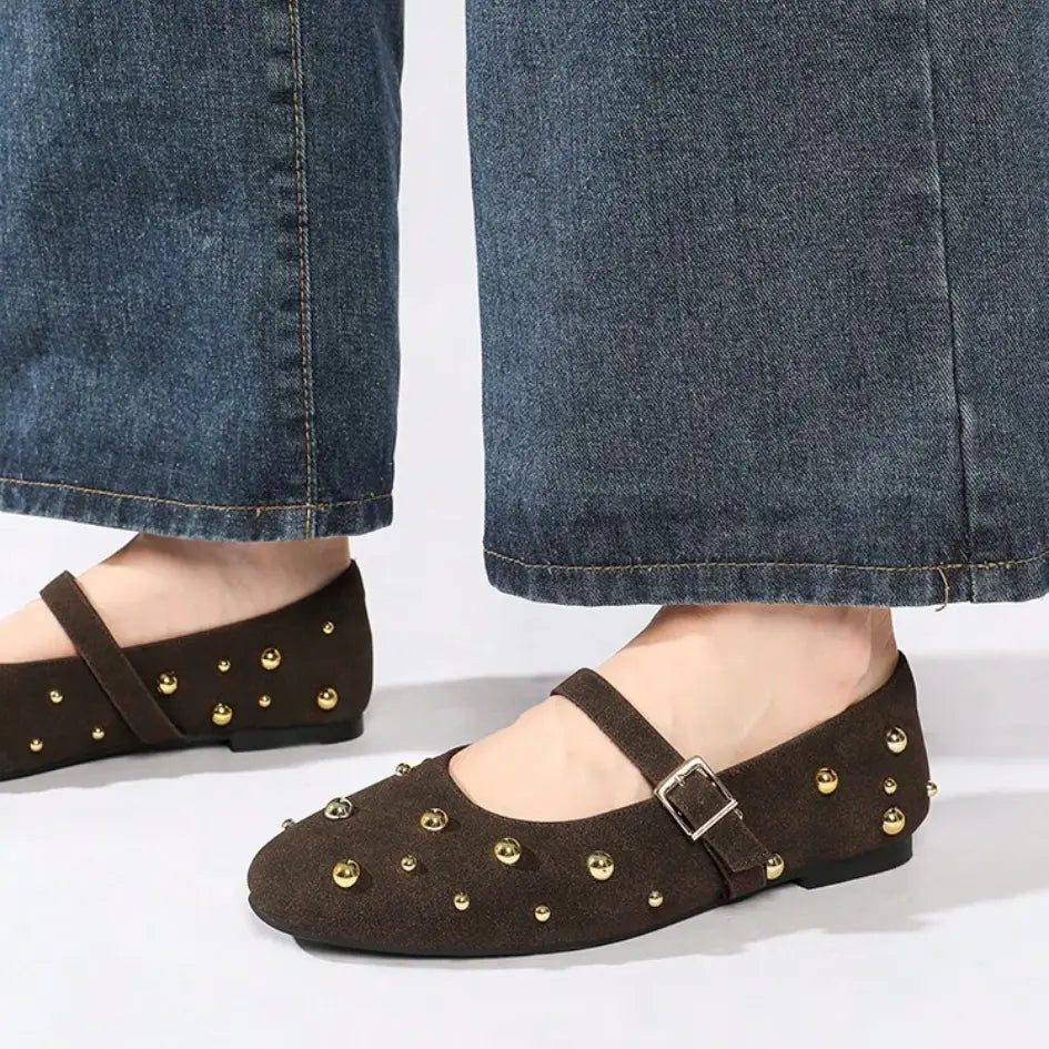 Lola Mary Jane Flats – Suede Studded Ballerina Shoes for Women