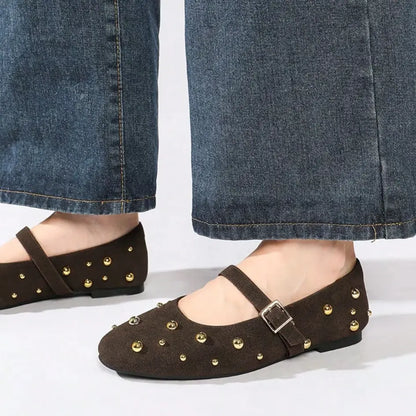 Lola Mary Jane Flats – Suede Studded Ballerina Shoes for Women