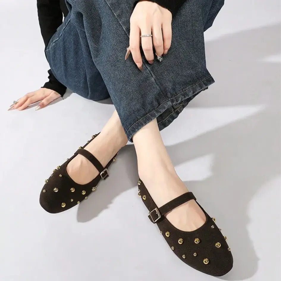 Lola Mary Jane Flats – Suede Studded Ballerina Shoes for Women