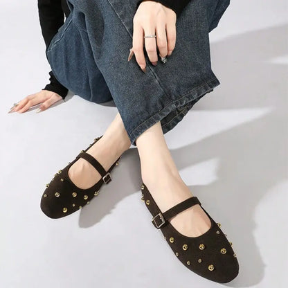 Lola Mary Jane Flats – Suede Studded Ballerina Shoes for Women